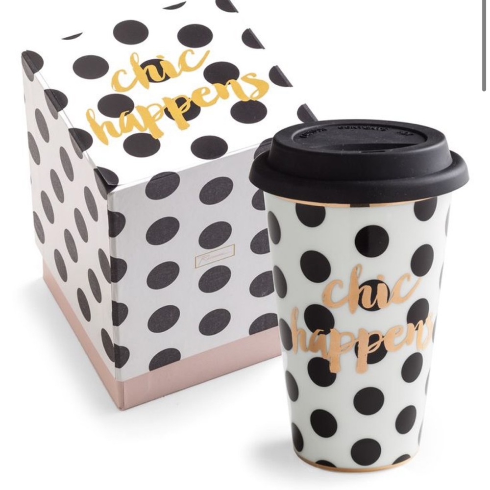 New Nordstrom Chic Happens polka dot tall ceramic travel mug